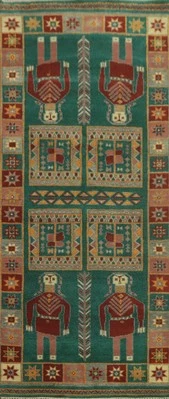 Alfombra de corredor indio kazajo ilustrada de lana verde alfombra tribal anudada a mano 4x10 Foto 1 de 4