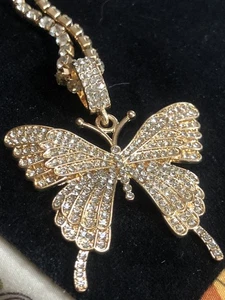 Womens Necklace CZ Butterfly Necklace 16” Gold Tone- Lobster Claw Clasp Adjustab - Picture 1 of 7