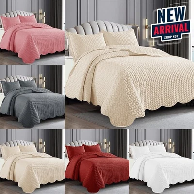 3 Piece Quilted Bedspread Bed Throw Single Double King Size Embossed Bedding Set - Image 1 of 4