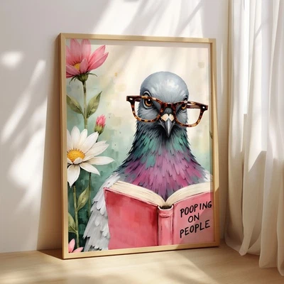 Funny Pigeon Reading Poopin | Luxury Wall Art Print | Home Decor | Animal Poster - Image 1 of 4