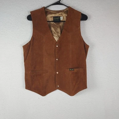 Wrangler 麂皮绒西部牛仔背心棕色皮革按扣男式小号美国 — 第 1/4 张图片