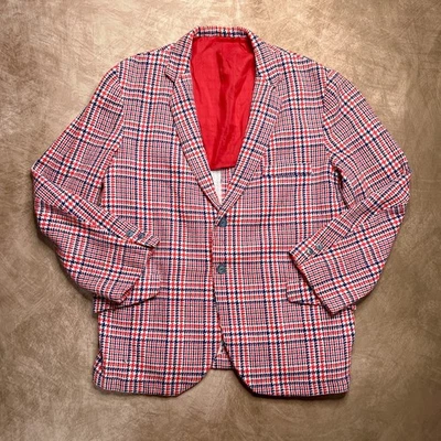 Blazer Traje Chaqueta Vintage Años 70 Hecho a Mano Pata de Gallo Cuadros Rojo Blanco Azul Mod Foto 1 de 4