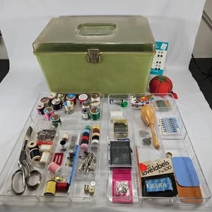 Vintage 1960s Wilson Wil-hold Sewing Box Avocado Green Clear Top 2 Trays Thread - Picture 1 of 19