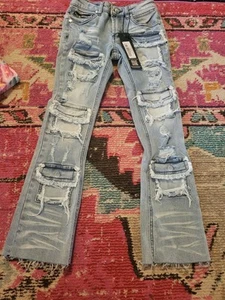 NWT Boys Rockstar original denim jeans 7 Petrus Blue Stacked flare ripped rocker - Picture 1 of 5