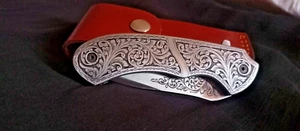 Coltello personalizzato fatto a mano D2 in acciaio inciso a mano (pieghevole) con guaina - Foto 1 di 5