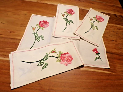 Linge ancien 4 Sets ou Serviettes   brodé de fleurs lin brodé de rose ( ref 36 ) - Photo 1/4