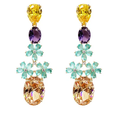 New European Mix Citrine Amethyst Gems Yellow Gold Women Charm Stud Earrings - Image 1 of 4