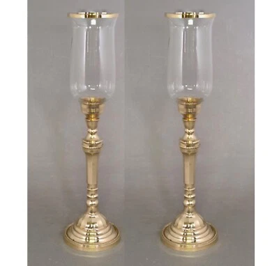 Candle Holder Brass Clear Glass Shade and Brass Ring 5.5"Dia 19.5"High Set/2 - Image 1 of 4