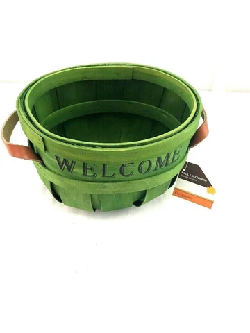 NEW Welcome Basket Green Wicker Leather Handles Cover