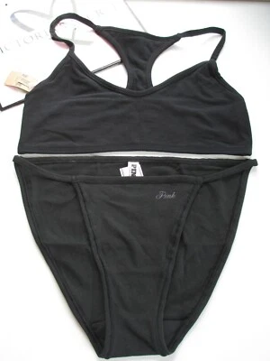 VICTORIA'S SECRET PINK Cotton Bralette Bra and Panty Set L Black Wireless VS - Image 1 of 3