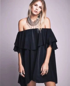 Free People MLM Label Womens Maison Shift Dress Black Ruffle Off Shoulder M New - Picture 1 of 7