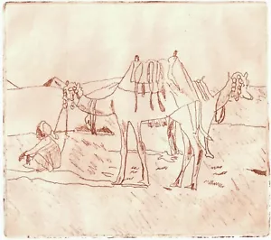 1966 Farouk Art Etching Egyptian Desert Camels Pyramids Sand Middle-Eastern MCM - Picture 1 of 4