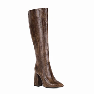 New Women Boots Knee High Boots Chunky Heels Faux Leather Ladies Shoes Plus Size - Image 1 of 4