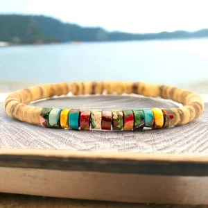 Natural Stone Stretch Bracelet Sea Sediment Jasper Wood Beaded Bracelet Gift - Picture 1 of 3