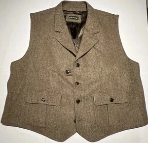 ORVIS Vest Waistcoat Mens 2XL Wool Tan Brown Herringbone Belted Notched Lapel - Picture 1 of 16