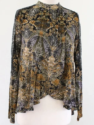 Free People New World Nouveau 衬衫上衣抽象印花女式 S 码蕾丝边饰 — 第 1/4 张图片