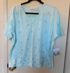 NUOVO. Elisabetta. Pullover azzurro + floreale, scollo a V, manica corta taglia 1 - Foto 1 di 6