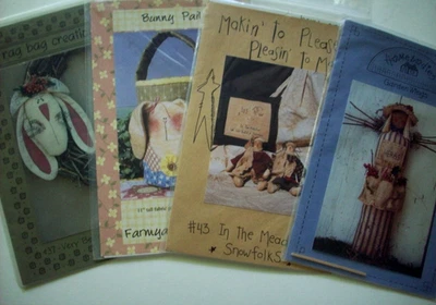 Lot of 4 primitive dolls decor craft patterns Rabbits snowmen Garden angel *C3 - Image 1 of 4