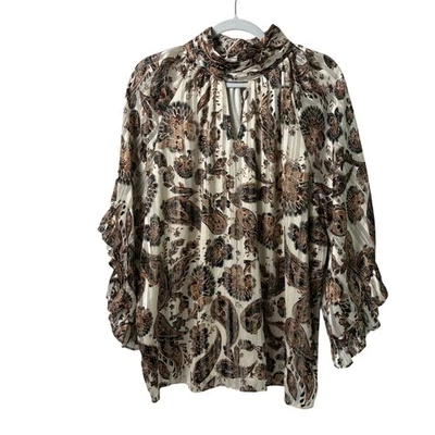Vince Camuto Blouse Size 2X Brown Paisley Stripe Cutout Mock Neck Long Sleeve - Image 1 of 4