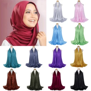 Womens Fashion Plain Long Soft Wrap Shawl Satin Silk Sole Neck Scarf Scarve} - Picture 1 of 38