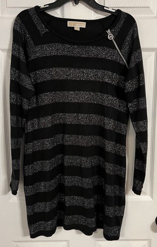 Abito da donna Michael Kors manica lunga a righe taglia XL nero e argento