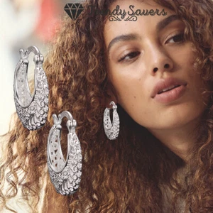 925 Sterling Silver Filled Filigree Flower Ring Hoop Huggie Hoop Earrings Women - Picture 1 of 11