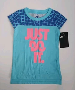 NEW Girl's Nike Blue Multicolor Just Do It Logo Geometric Shirt Size 4 XS - Picture 1 of 8