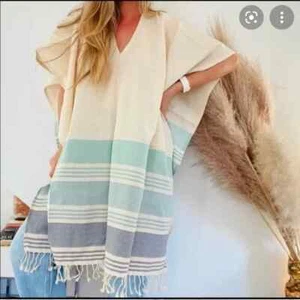 Tribe Alive Womens Size OS Cream & Blue Striped Fringe Poncho Beach Coverup - Picture 1 of 6