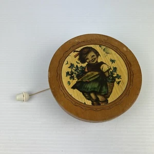 Vintage Wooden Reuge Pull String Music Box Aug Wiederseh’n Round Swiss - Picture 1 of 17