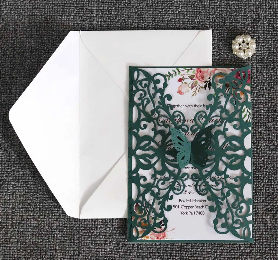 激光切割蝴蝶贺卡空心珍珠婚礼邀请卡 — 第 1/4 张图片