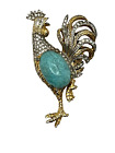 Signed Nettie Rosenstein 1940s Rooster Brooch Pave Rhinestones Turquoise Belly