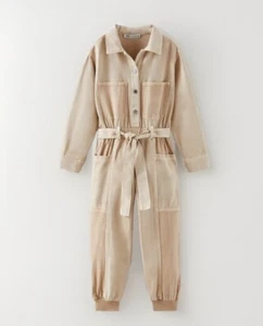 ZARA Girl’s Cuffed Combination Cargo Jumpsuit Khaki Beige Tan Pockets Size 10 - Picture 1 of 6