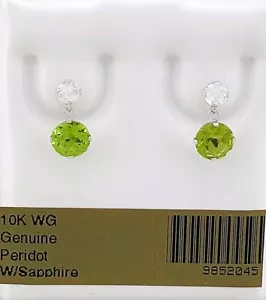 GENUINE 1.08 Ct PERIDOT & W/SAPPHIRE EARRINGS 10K WHITE GOLD - Free Certificate - Picture 1 of 6