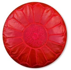 Moroccan Leather Pouf Red - Delivered Stuffed, Ottoman, Footstool - Picture 1 of 1