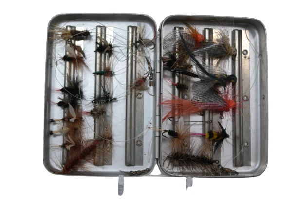 Perrine sterling quality box with vintage hand tied flies - Image 1 of 4