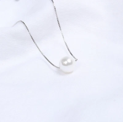 Collar colgante de perlas redondas blancas flotantes de plata de ley 925 de 8 mm cadena de 16+2"  Foto 1 de 4