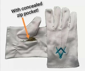 Masonic White Gloves with CONCEALED POCKET for notes and coins. - Picture 1 of 11