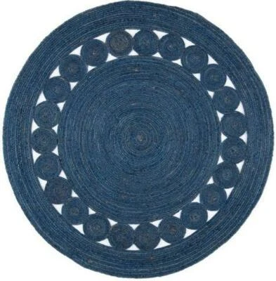 Jute Rug Round Blue Circle Design Farmhouse Area Rug Rustic Look Rug Boho Rug - Image 1 of 4