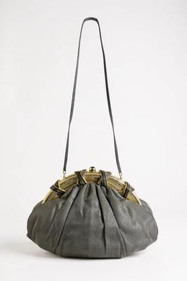 Vintage JUDITH LEIBER Lizard Clutch Shoulder Handbag Medium Green Gold Onyx - Image 1 of 4