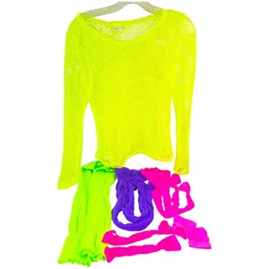 80's Costume 6 Pc Fishnet Mesh Neon Punk Rocker Shirt Legwarmers Leggings Gloves - Picture 1 of 9