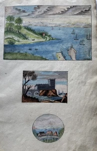 A Artist Leaf W/3 Watercolor Seascape Paintings ca 1750 Dutch Folk Art Maritime - Picture 1 of 16