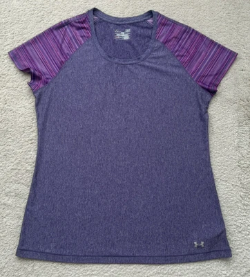 Under Armour 女式紫色短袖修身 Heat Gear 衬衫运动尺寸 L — 第 1/4 张图片