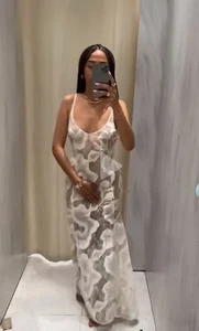 NEW ZARA WOMAN OYSTER WHITE SEMI SHEER MIXED LONG SLIP DRESS Sexy Size L Y217D - Picture 1 of 23