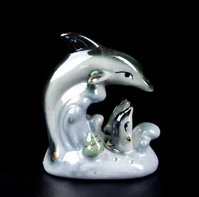 Deko Figur Skulptur Delphin Gruppe, Porzellan, Hochglanzglasiert - Bild 1 von 2