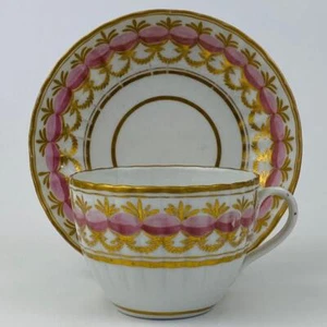 c1795 Antique Coalport John Rose Fluted Cup & Saucer 18thc Pink Enamel Gold Gilt - Picture 1 of 18