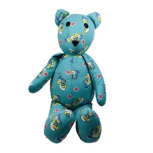 Vintage Hand Made Fabric Teddy Bear 18" Smurfs Print Stuffed Toy E1-321 - Picture 1 of 6