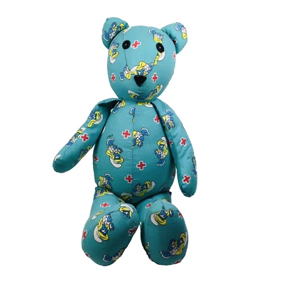 Vintage Hand Made Fabric Teddy Bear 18" Smurfs Print Stuffed Toy E1-321 - Image 1 of 4