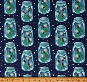Cotton Firefly Jars Fireflies Insects Bugs Navy Fabric Print by Yard D387.40 - Picture 1 of 1