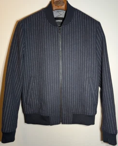 Express Wool Bomber Jacket Mens Medium Blue White Striped Bomber Casual - Picture 1 of 8