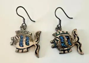 Sterling Silver Fish Earrings Turquoise Nugget Inlay Hook Dangle 925 Mexico - Picture 1 of 10